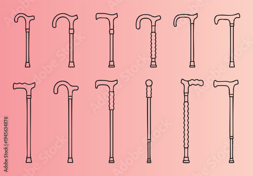Collection of different walking canes and sticks in flat design