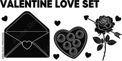 Valentine love set silhouette illustration, romantic holiday icons with heart envelope, chocolates box, rose with arrow, festive design for celebration, love, romance, affection artwork