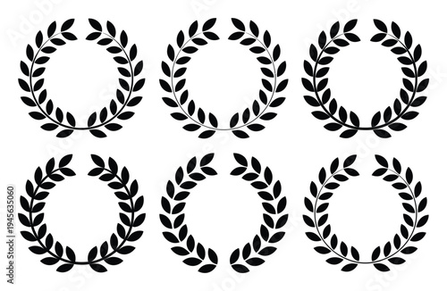 Set of six black laurel wreath illustrations on a white background, perfect for awards and achievements