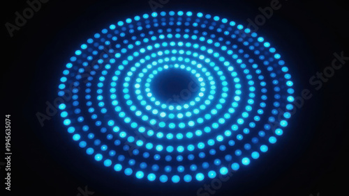 Glowing Blue Concentric Circle Pattern of Dots Forming a Futuristic Digital Spiral Against Black Background Ideal for Tech UI and Abstract Design