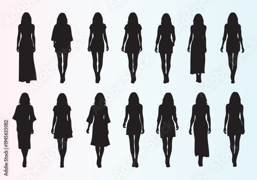 Collection of female silhouettes in various dresses and outfits