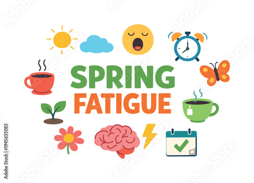Spring fatigue concept with icons of sun, coffee, and yawning face. Illustration depicting the concept of spring fatigue with various symbols like a sun, a yawning face, coffee
