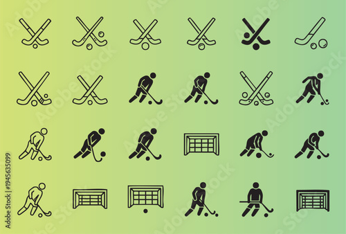 Collection of field hockey icons in various styles and poses