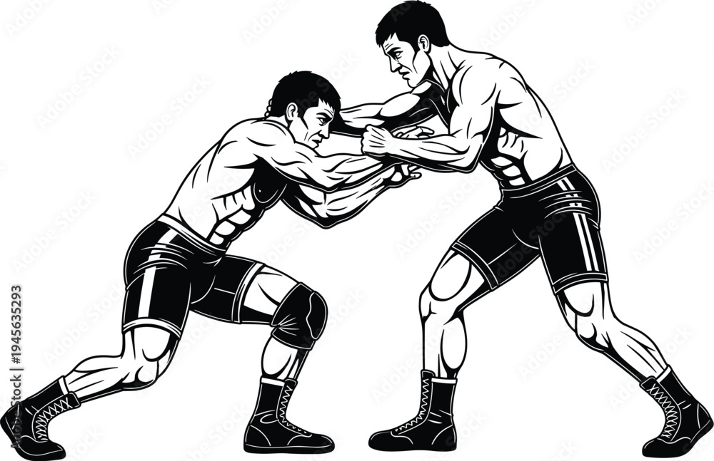 Fototapeta premium Wrestling athletes silhouette, grappling stance vector, sports competition illustration, muscular fighters design, athletic strength graphic, combat training icon, blue monochrome dynamic posture art