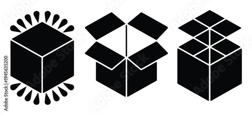 Three stylized black cube representing packaging and delivery concepts