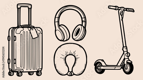 Modern Urban Travel and Commuter Gear Illustration Set with Electric Scooter