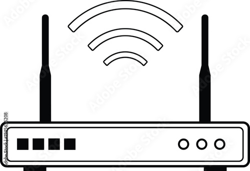 Wireless router with dual antennas broadcasting Wi‑Fi signal, internet connectivity device icon, modern network hardware illustration for technology, communication, online access