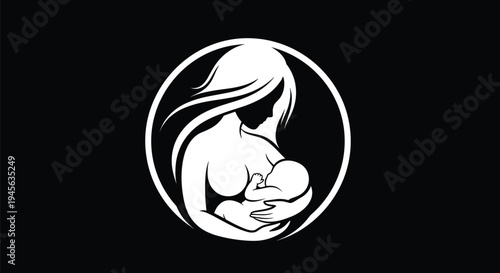 White silhouette of a mother breastfeeding her baby in a circular frame, maternity care illustration, nursing infant icon, maternal health logo, isolated black background