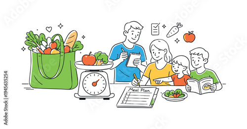 Family planning healthy meals together with groceries and a meal plan. A family collaborates on creating a weekly meal plan, surrounded by fresh groceries and healthy food items