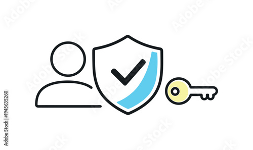 User security and access icon with shield, checkmark, and key. A simple line art icon representing user security, featuring a person silhouette, a shield with a checkmark, and a