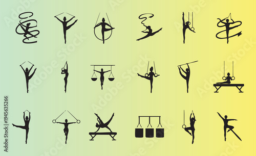 Collection of gymnastics and aerial silks icons in various poses