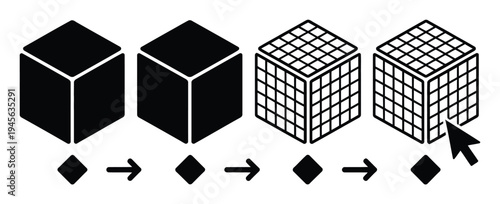 Process of building a cube from simple to complex with cursor interaction