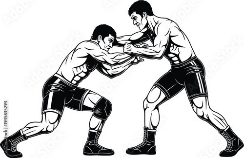 Wrestling athletes silhouette, grappling stance vector, sports competition illustration, muscular fighters design, athletic strength graphic, combat training icon, blue monochrome dynamic posture art