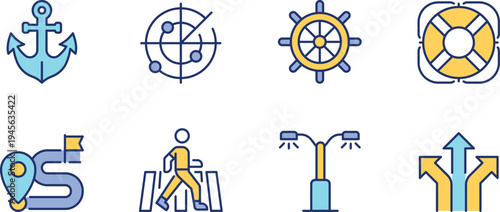Collection of icons representing navigation, safety, and transportation symbols