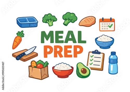 Meal prep concept with healthy food items and planning tools. Illustration of various food items like broccoli, chicken, rice, avocado, and vegetables, alongside meal prep