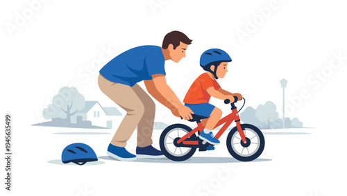 Father teaching his son to ride a bicycle outdoors in a suburban neighborhood. A father gently supports his young son as the child learns to balance on a red bicycle, with houses
