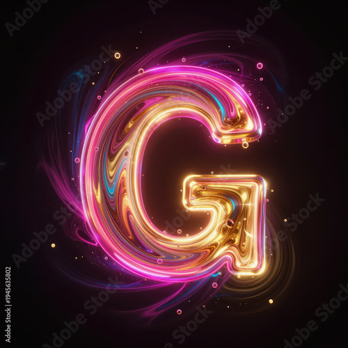 Glowing Neon Letter G with Vibrant Swirls and Particle Effects on Dark Background for Digital Design or Branding Projects