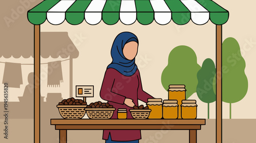 Woman Vendor Selling Dates and Honey at an Outdoor Market Stall Under a Striped Awning