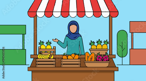 Woman vendor with hijab presents fresh tropical fruits pineapple orange papaya dragon fruit at outdoor market stall with red and white striped awning daytime