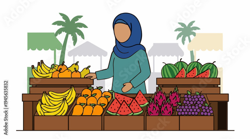 Woman Wearing Blue Hijab Sells Fresh Fruits Bananas Oranges Watermelons Dragon Fruits And Grapes At Outdoor Market Stall On A Sunny Day