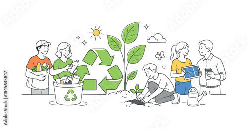 People actively participating in environmental conservation and recycling efforts. A diverse group of individuals engages in eco-friendly activities, symbolizing community