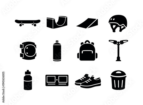 Skateboarding and extreme sports equipment icons on a white background. A collection of black silhouette icons representing various items for skateboarding and extreme sports