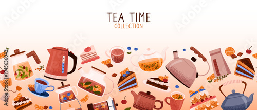 Tea party border with teapots, cups, cakes, berries, chocolate and orange slices. Aromatic hot black and herbal teas. Seamless horizontal border. Healthy and relaxing tea. Vector illustration.