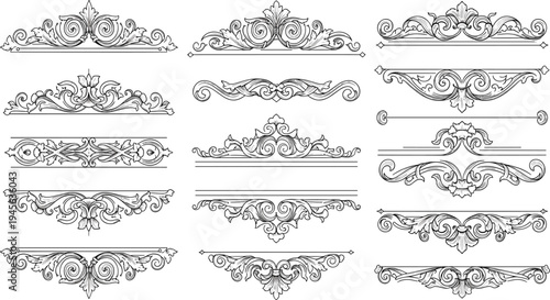 Large collection of vintage decorative dividers and ornate floral filigree borders with classic acanthus leaf motifs in a black and white engraving style.