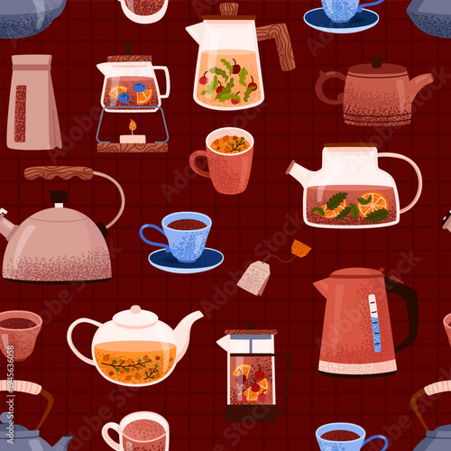 Seamless pattern of aromatic hot black and herbal teas with berries. Tea party. Traditional drink. Healthy and relaxing tea. Vector illustration.