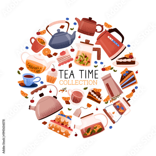 Composition of aromatic hot black and herbal teas with berries. Tea time. Cups, teapots, cakes, cherry, chocolate and orange slices. Traditional drink. Healthy and relaxing tea. Vector illustration.