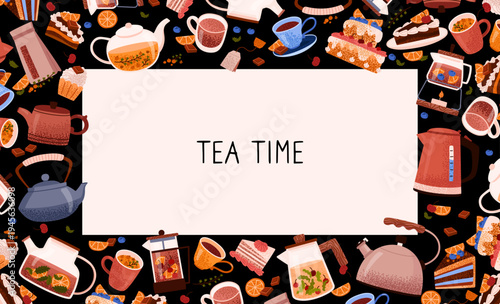 Tea time banner with teapots, cakes, cherry, chocolate and orange slices. Decorative border. Cute flat vector illustration of desserts and tea ware, ideal for cafe menus and packaging.