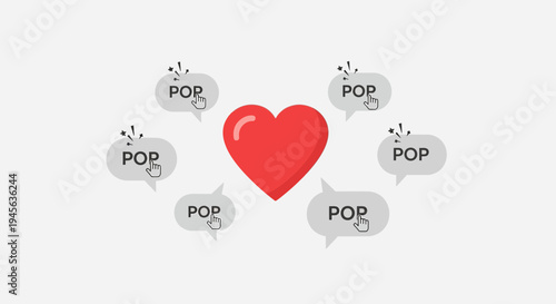 Red Heart Icon with Pop Up Speech Bubbles and Cursor Clicks