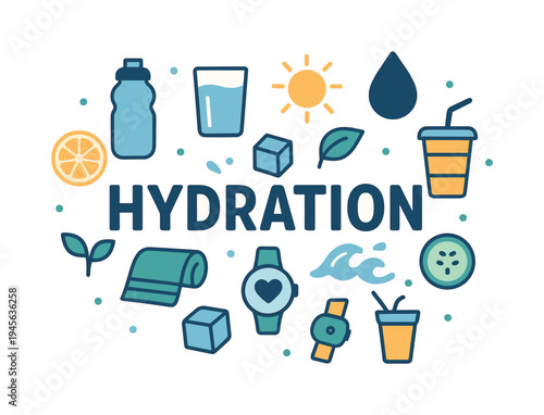 Hydration concept with water bottle, glass, sun, and healthy lifestyle icons. Visual representation of staying hydrated with elements like water, ice, fruit, and fitness trackers