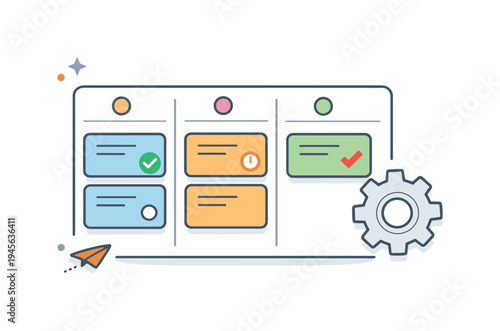 Kanban board illustration with task cards, gear, and paper airplane for workflow management. A visual representation of a Kanban board with different task statuses, a gear icon
