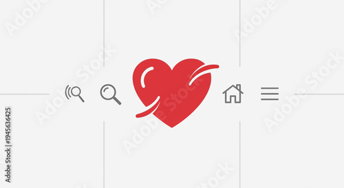 Red Heart Icon with Search, Home, Menu Symbols on White Background