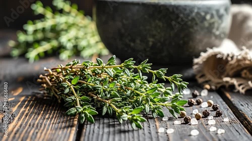 Fresh herbs and spices on rustic wooden surface for culinary and healthcare concepts