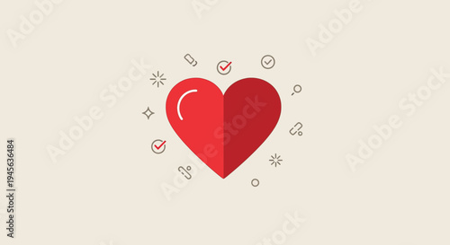 Red Heart Icon with Small Symbols on Beige Background