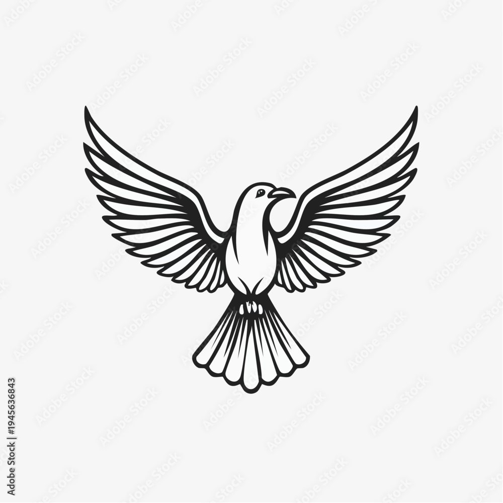 Fototapeta premium Elegant black and white vector illustration of a graceful dove in majestic flight with wings outstretched, embodying universal symbols of peace, freedom, and hope
