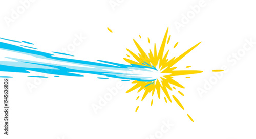 Dynamic vector illustration of a powerful blue energy beam hitting a bright yellow explosion, symbolizing speed, impact, and a burst of power on a white background.