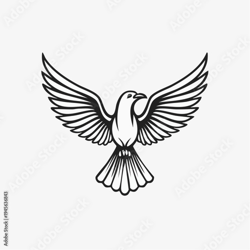 Elegant black and white vector illustration of a graceful dove in majestic flight with wings outstretched, embodying universal symbols of peace, freedom, and hope