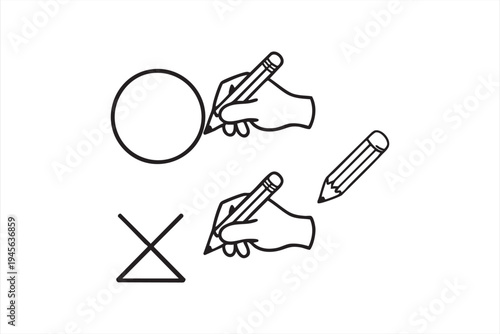 Education concept line drawing with hand marking correct and incorrect answers