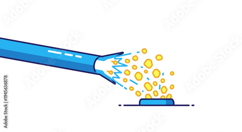 Line art illustration of a blue pipe dispensing yellow particles onto a small blue platform, symbolizing cleaning, waste disposal, or material transfer.