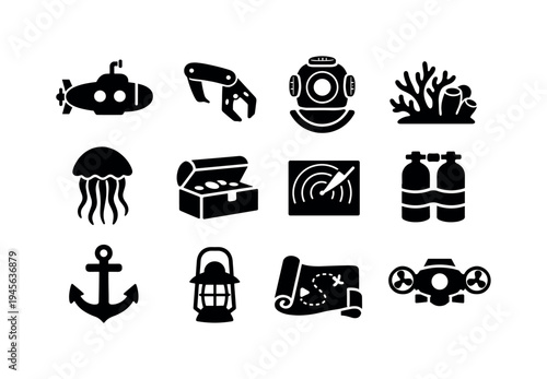 Underwater exploration and treasure hunting icons set. A collection of black silhouette icons representing various elements of underwater exploration and adventure, including a