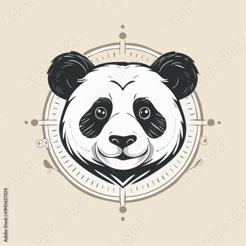 Stylized Illustration of a Cute Panda Face with a Compass Design, Emblematic and Modern Graphic Art