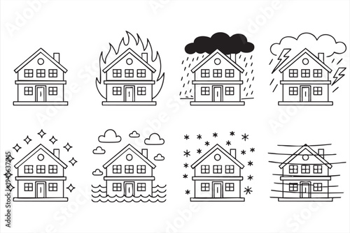 Weather hazard house symbol pack featuring rain, lightning, and flood elements