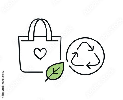 Sustainable everyday lifestyle choices supporting environmental awareness and responsible consumption habits, a reusable shopping bag beside a small leaf and a circular recycling arrow