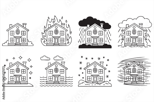 Black and white house disaster icons for safety, emergency, and insurance concepts