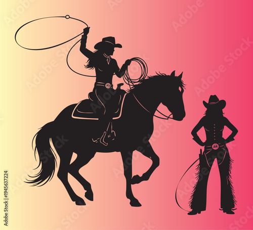 Cowgirls practicing lasso skills in western rodeo style illustration