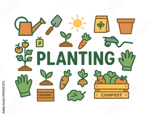 Gardening and planting icons with the word planting in the center. A collection of colorful flat design icons representing gardening activities and elements, including tools