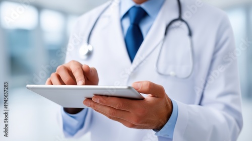 Caucasian male doctor using tablet in medical office with stethoscope